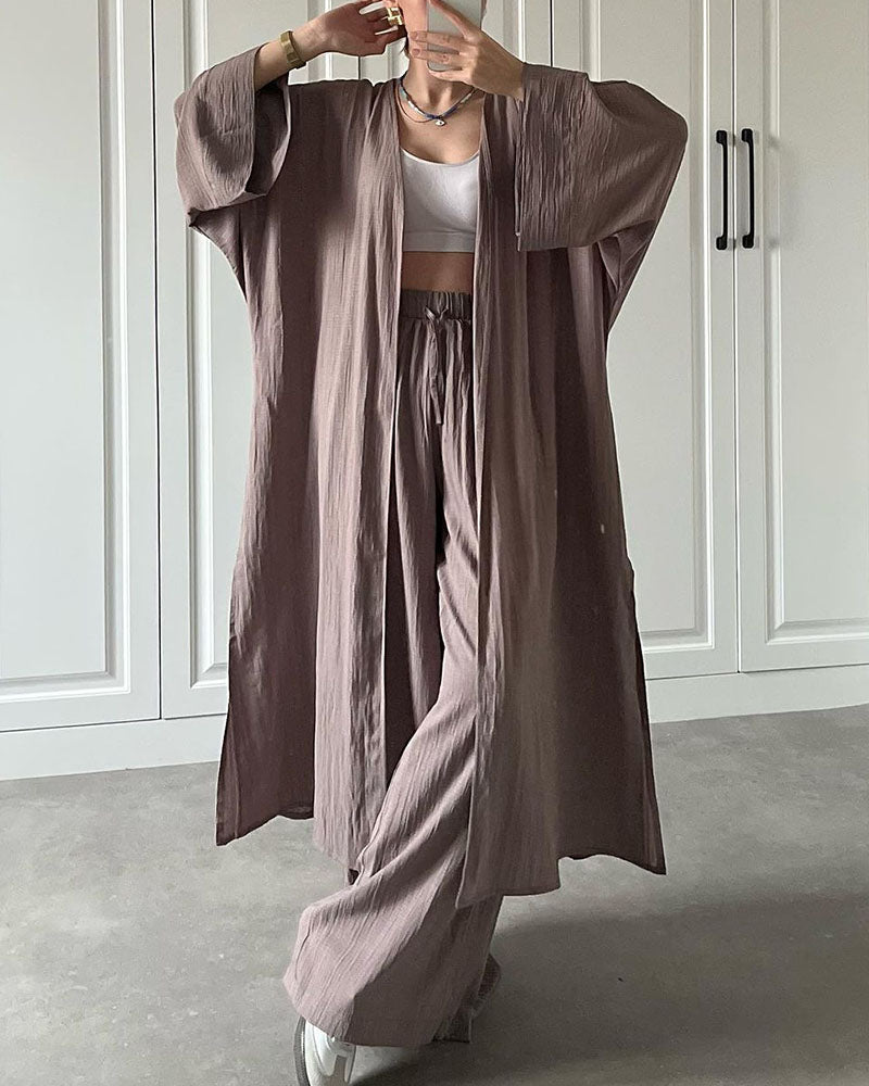 Casual Long Cardigan Slit Two-piece Set