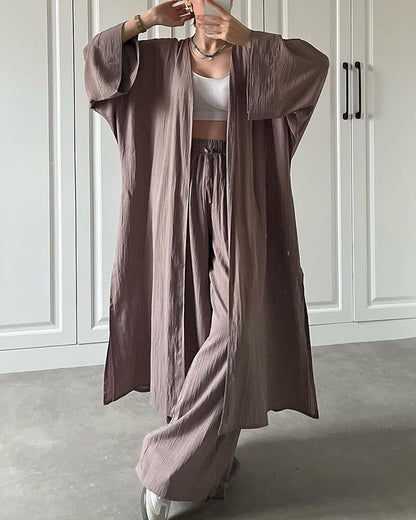 Casual Long Cardigan Slit Two-piece Set