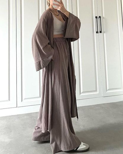 Casual Long Cardigan Slit Two-piece Set