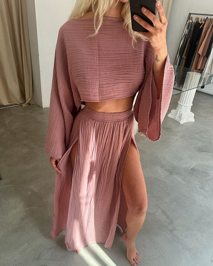 Linen Cropped Top And High Slit Skirt Casual Set