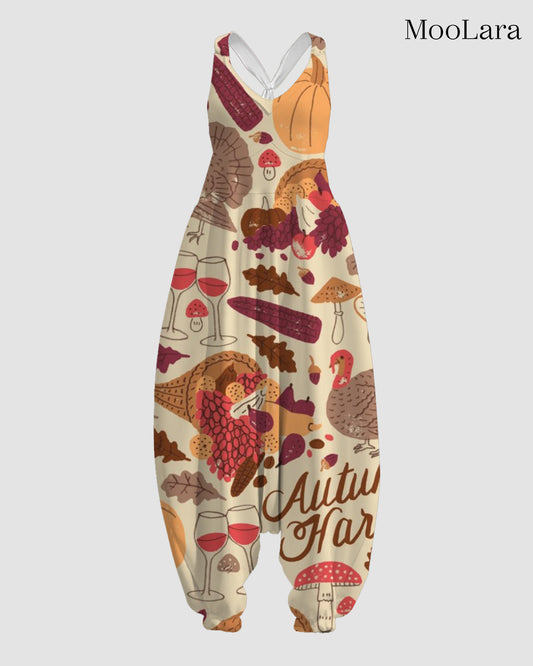 Women's Fruit & Wine Print Sleeveless Jumpsuit Harem Pants