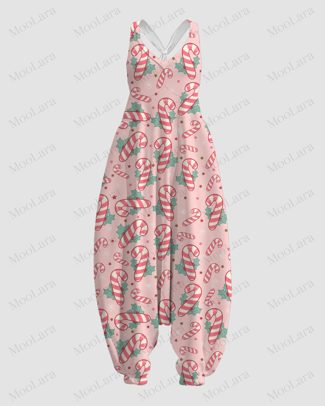 Women's Pink Candy Canes Print Sleeveless Jumpsuit Harem Pants