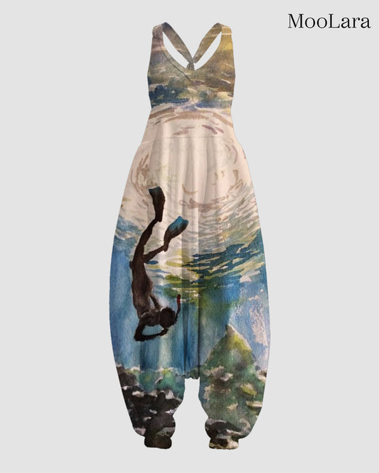 Women's Diver Print Sleeveless Jumpsuit Harem Pants