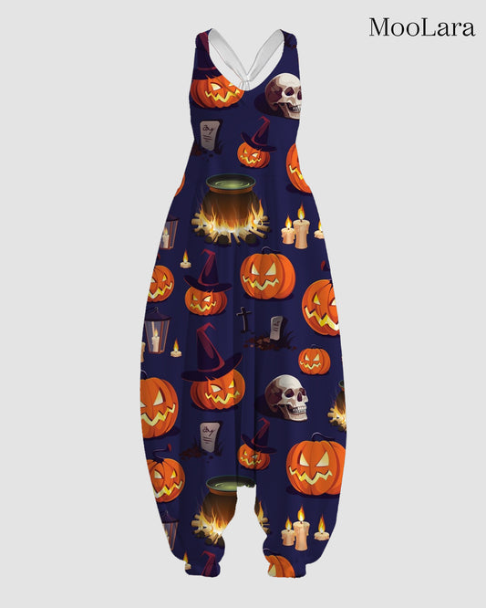 Women's Evil Pumpkin Print Sleeveless Jumpsuit Harem Pants