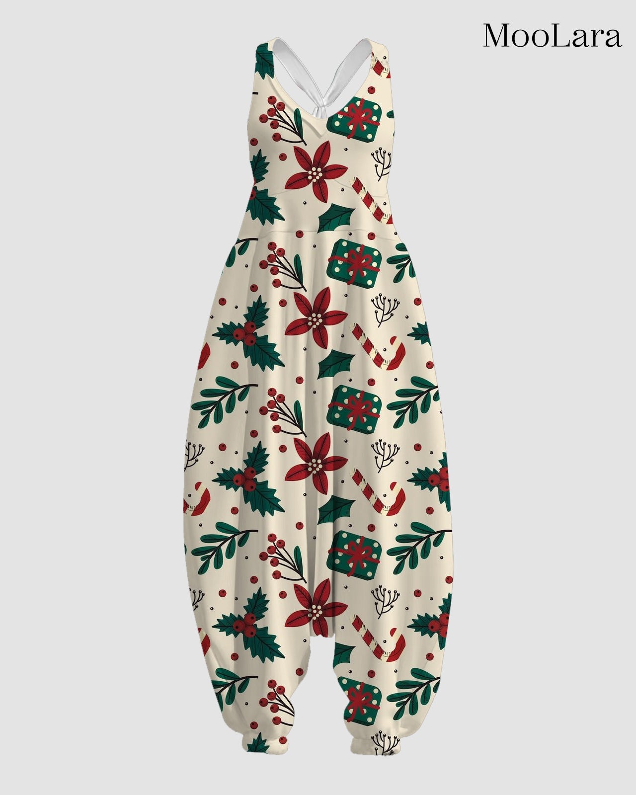 Women's Christmas Wreath and Flowers Print Sleeveless Jumpsuit Harem Pants