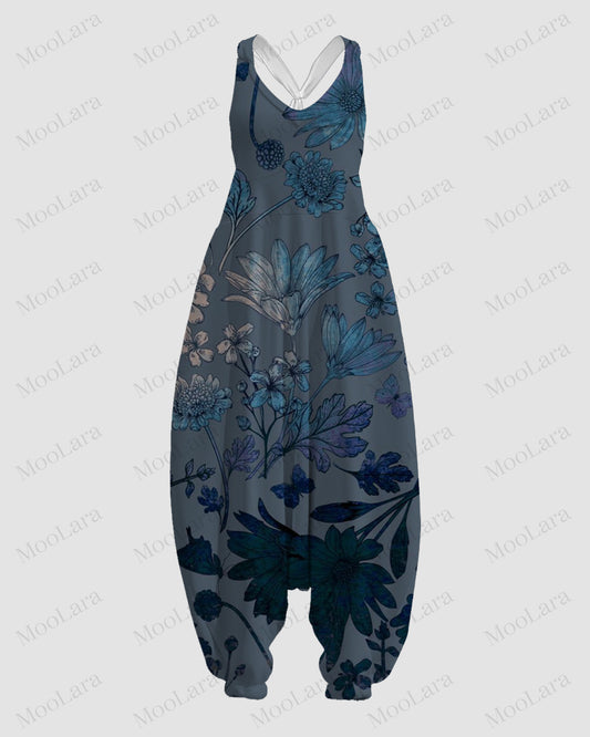 Women's Blue Floral Art Pattern Print Sleeveless Jumpsuit Harem Pants