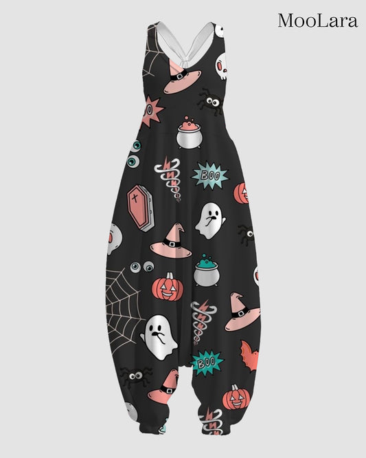 Women's Cute Halloween Pattern Print Sleeveless Jumpsuit Harem Pants