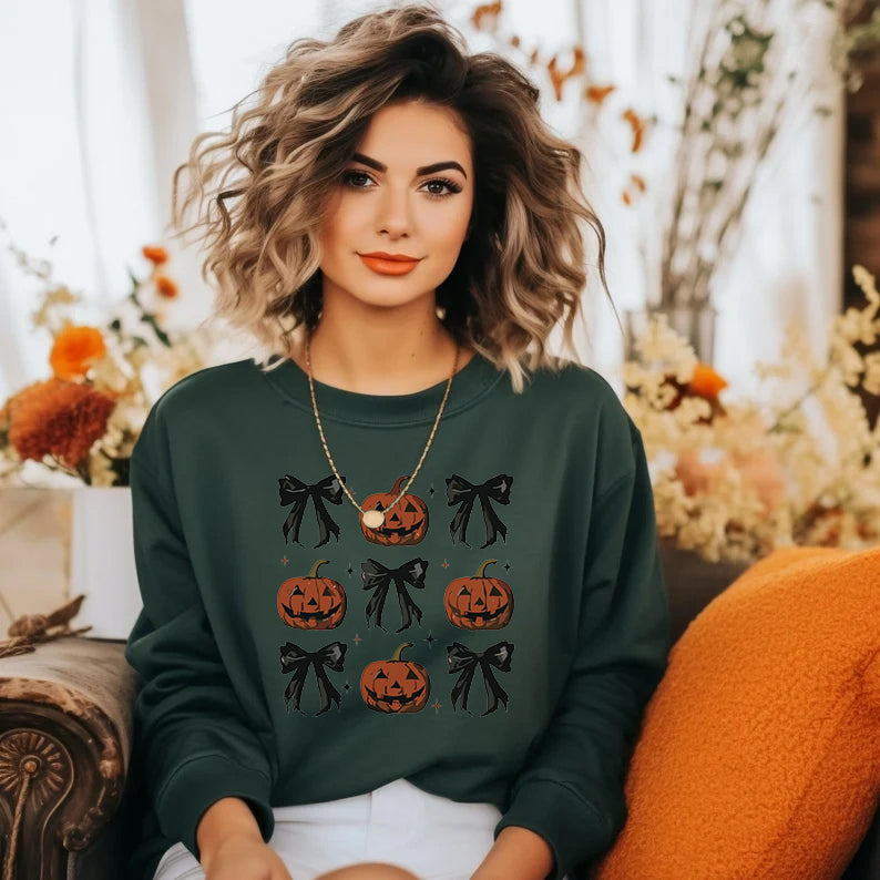 Women's Pumpkin and Bow Print Hoodie