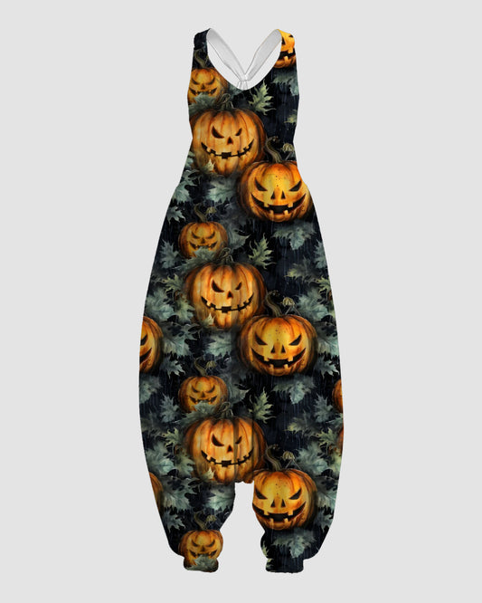 Women's Pumpkin with Leaves Print Sleeveless Jumpsuit Harem Pants