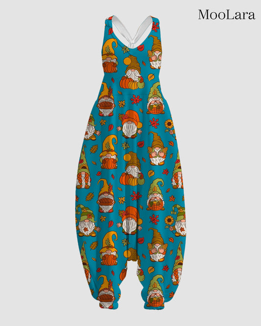 Women's Cute Thanksgiving Gnomes Print Sleeveless Jumpsuit Harem Pants