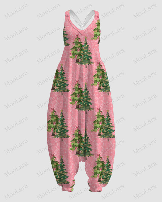 Women's Lovely Christmas Tree Art Print Sleeveless Jumpsuit Harem Pants