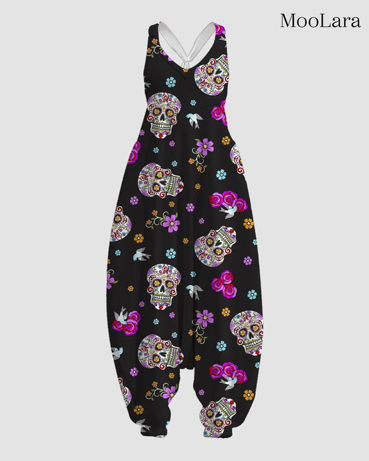 Women's Diamond Skull Print Sleeveless Jumpsuit Harem Pants