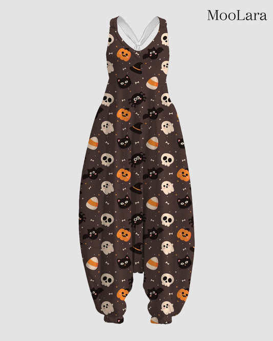 Women's Cute Spider Pumpkin Print Sleeveless Jumpsuit Harem Pants