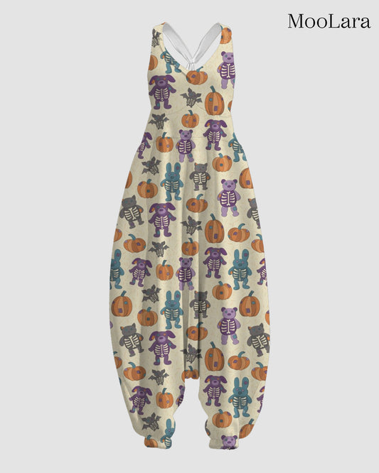 Women's Skeleton Animals & Pumpkins Print Sleeveless Jumpsuit Harem Pants