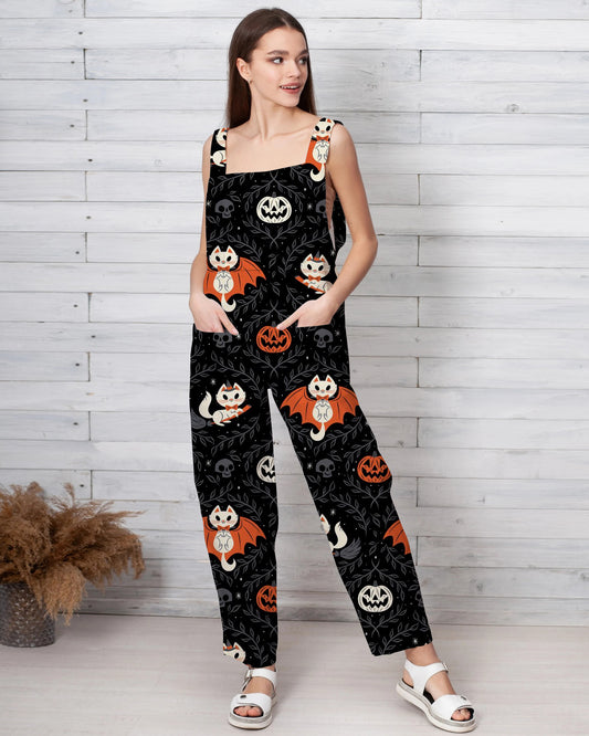 Women's Fox & Bat Print Loose Cotton and Linen Jumpsuit