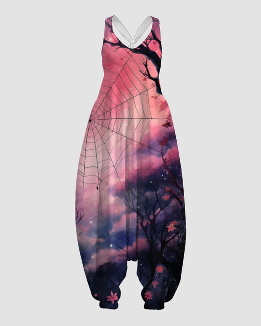 Women's Colorful Spider Web Print Sleeveless Jumpsuit Harem Pants