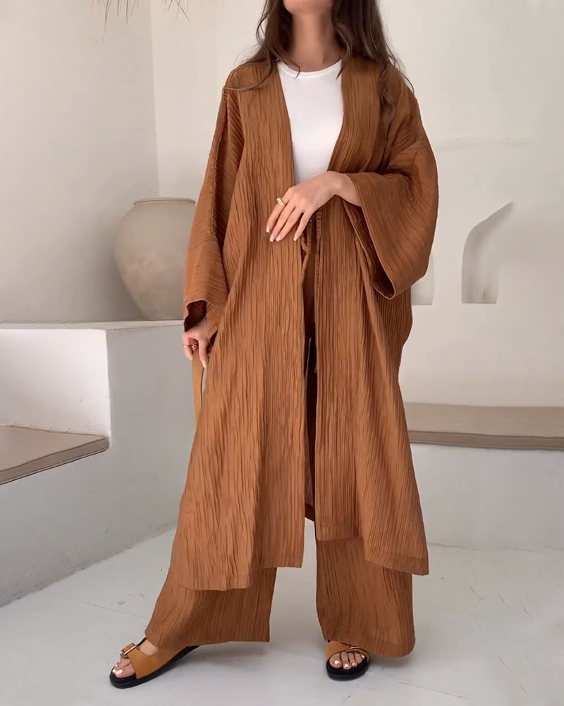 Pleated Textured Top And Casual Wide-leg Trousers Set