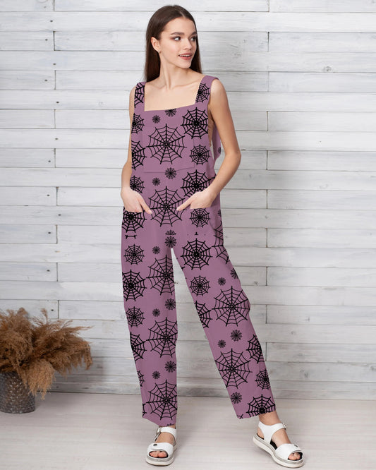 Women's Scary Spider Web Print Loose Cotton and Linen Jumpsuit