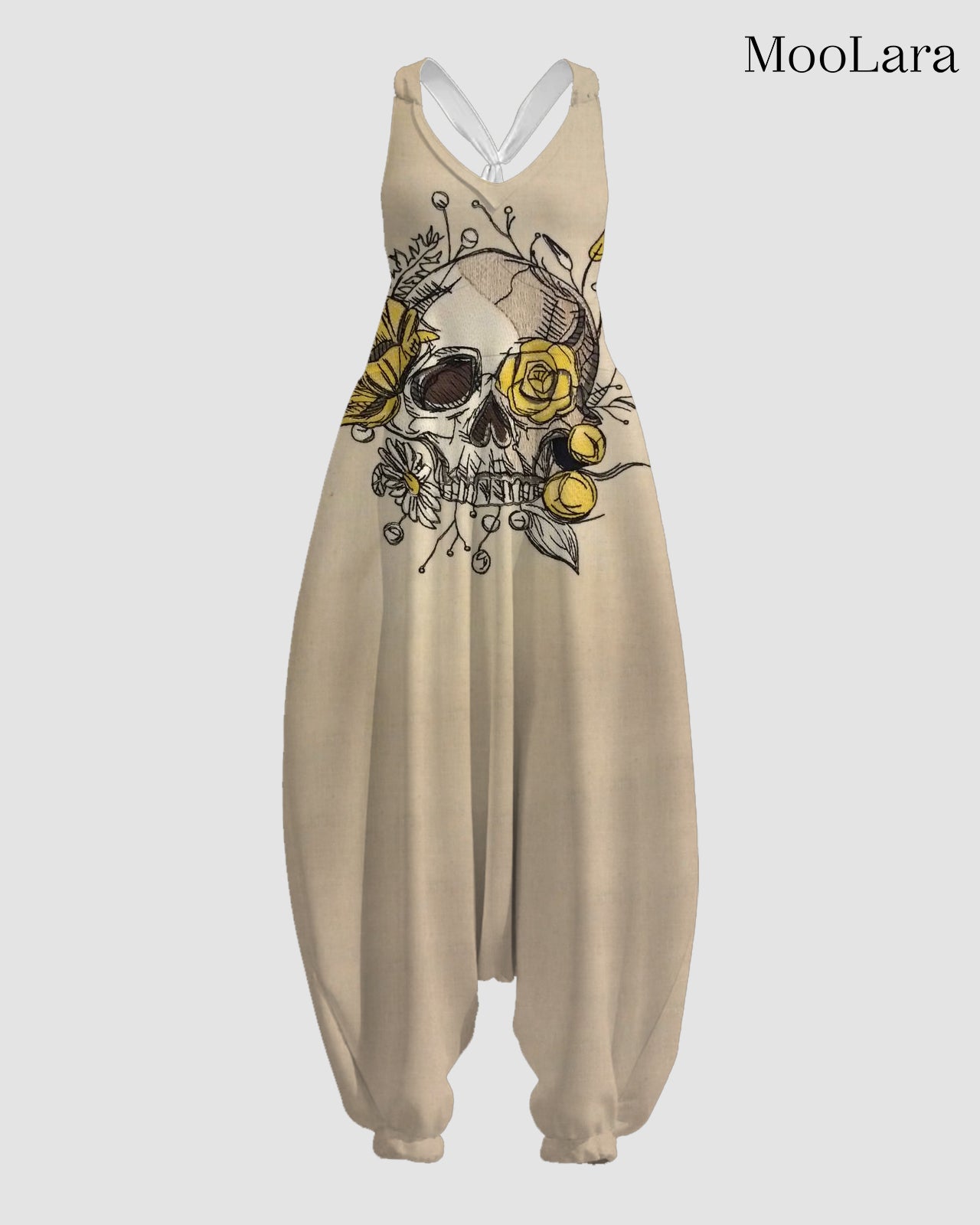 Women's Yellow Rose & Skull Print Sleeveless Jumpsuit Harem Pants