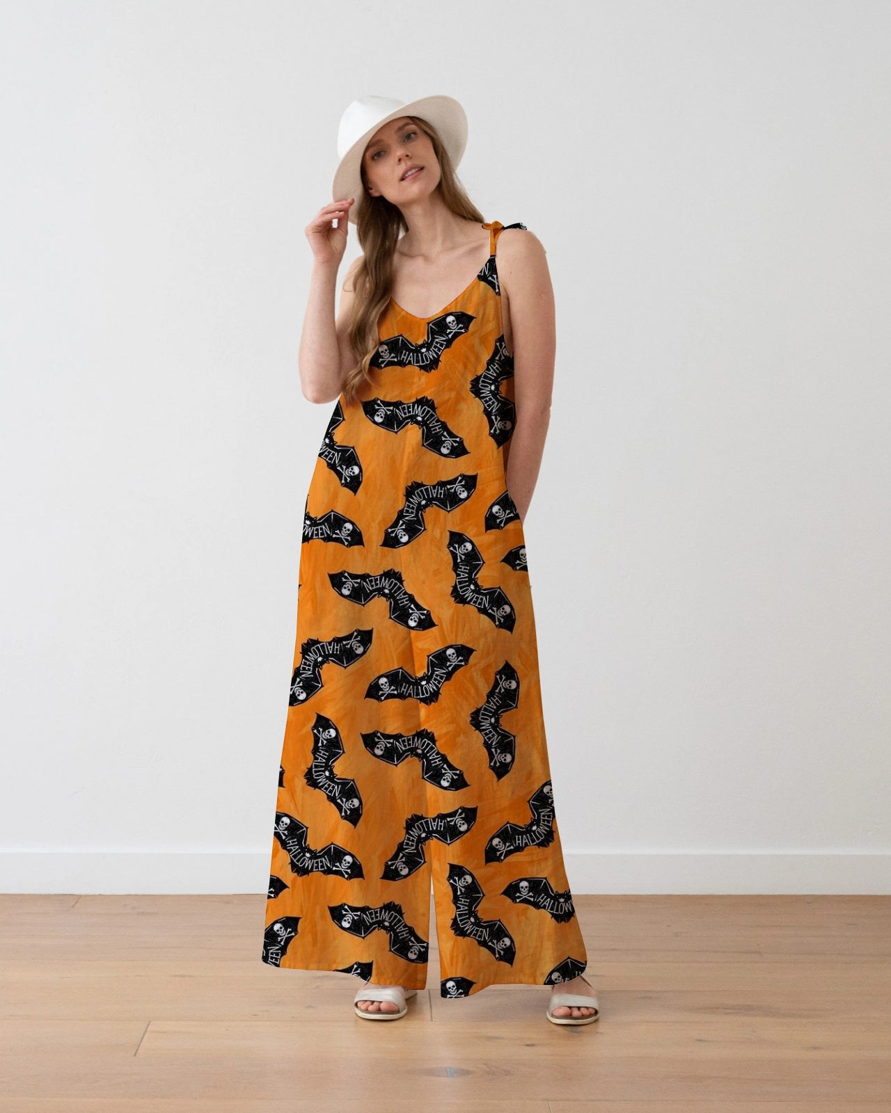 Women's Halloween Bat Print Loose Fit Cotton and Linen Jumpsuit