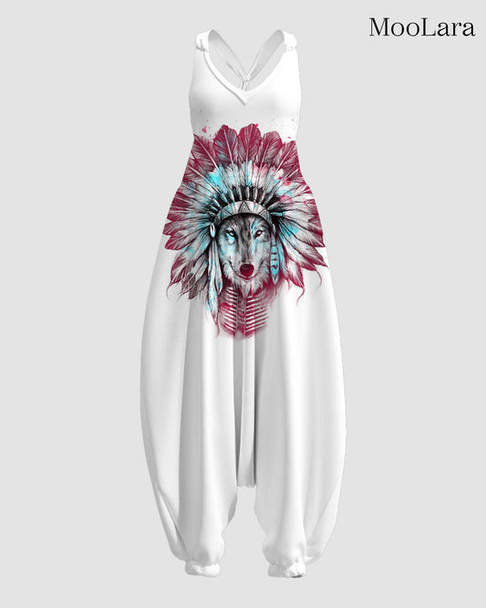 Women's Indian Wolf Headdress Print Sleeveless Jumpsuit Harem Pants