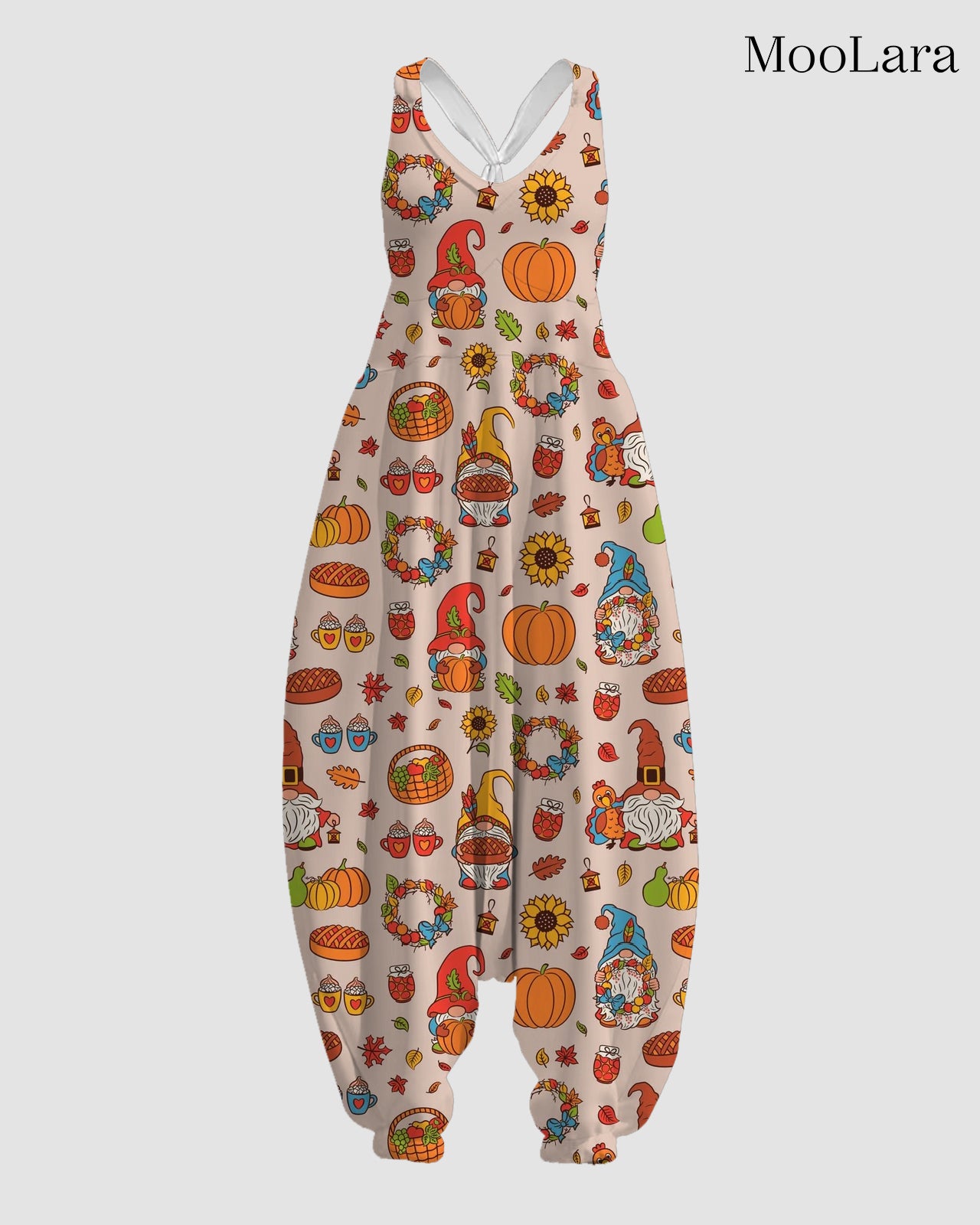 Women's Thanksgiving Gnomes with Food Print Sleeveless Jumpsuit Harem Pants