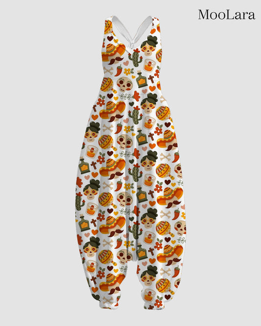 Women's Skulls and Food Print Sleeveless Jumpsuit Harem Pants