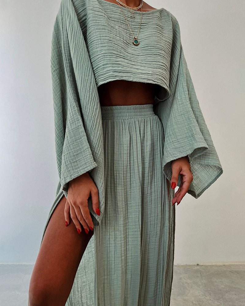 Linen Cropped Top And High Slit Skirt Casual Set