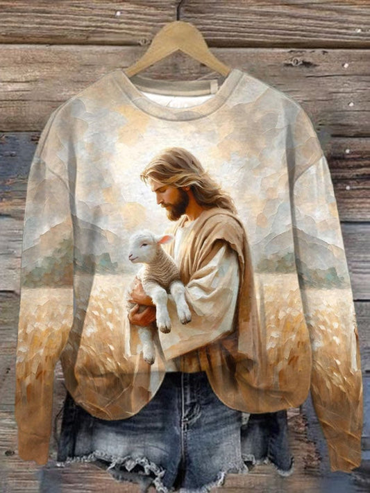 Women's Jesus Saves The Lamb Print Casual Round Neck Sweatshirt