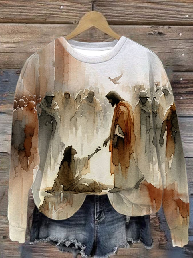 Women'S Jesus Healing The Bleeding Woman Print Sweatshirt