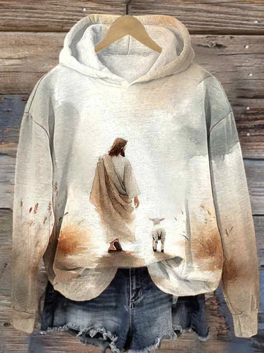 Women's Jesus Leaves The 99, Parable of The Lost Sheep Print Hoodie