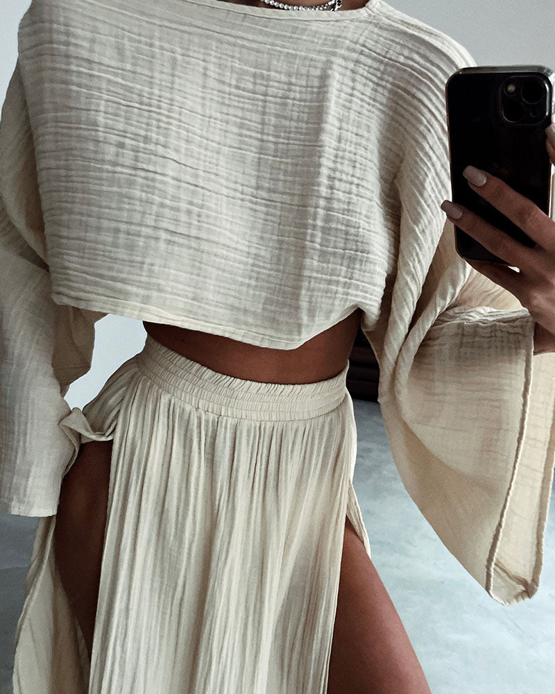 Linen Cropped Top And High Slit Skirt Casual Set