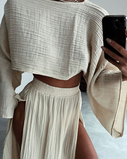 Linen Cropped Top And High Slit Skirt Casual Set