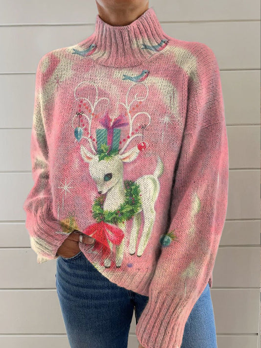 Vintage Christmas Print Knit Turtleneck Pullover Sweater