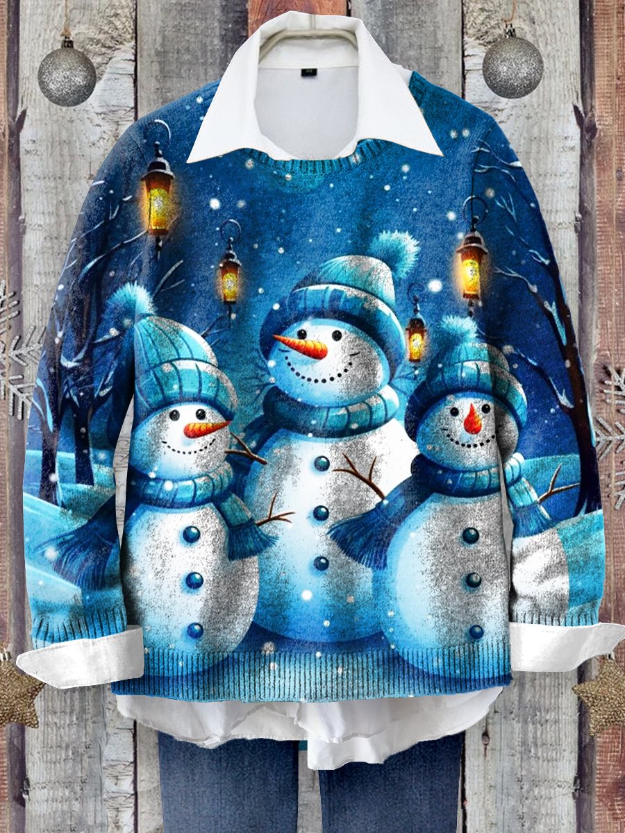 Christmas Snowman Art Print Knit Pullover Sweater