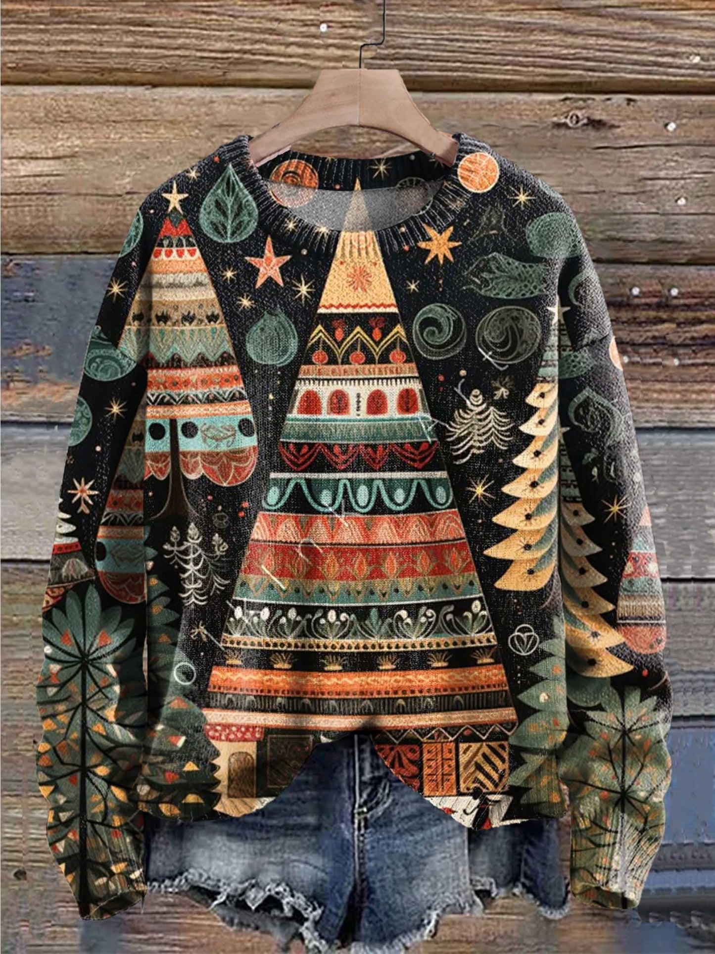 Christmas Tree Print Knit Pullover Sweater