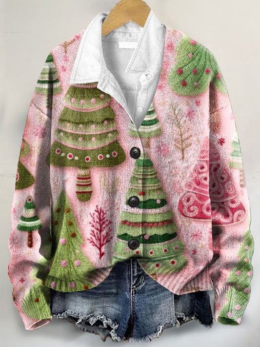 Christmas Tree 3D Art Print Buttoned V-neck Cardigan Sweater