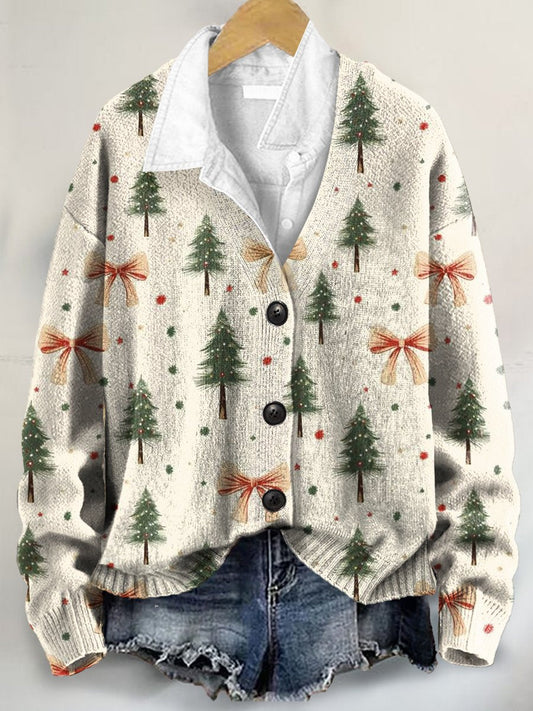 Christmas Tree Art Print Buttoned V-neck Cardigan Sweater