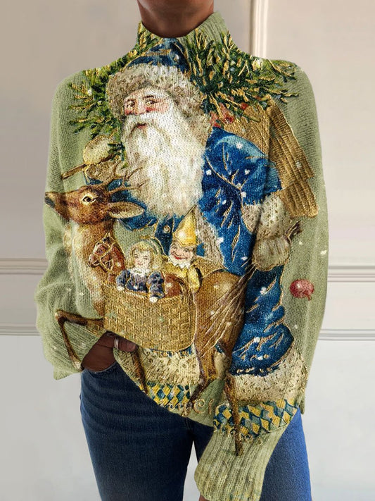 Vintage Christmas Santa Art Print Knit Turtleneck Pullover Sweater