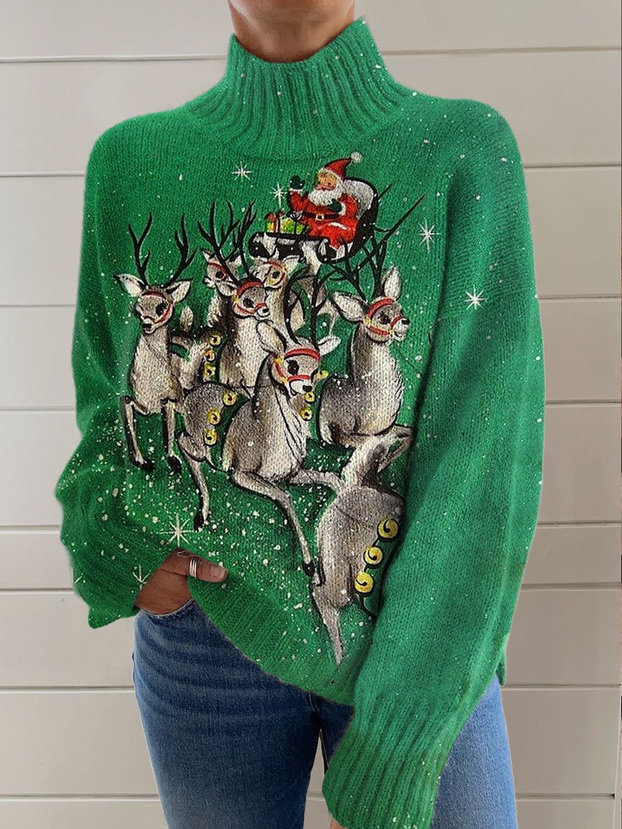 Vintage Christmas Print Knit Turtleneck Pullover Sweater