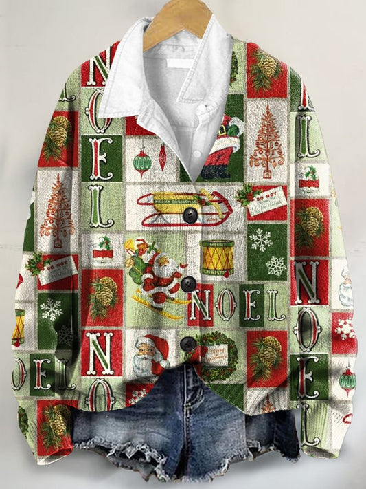 Christmas Pattern Art Print Buttoned V-neck Cardigan Sweater