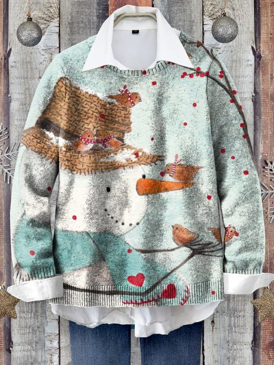 Cute Christmas Snowman Art Print Knit Pullover Sweater