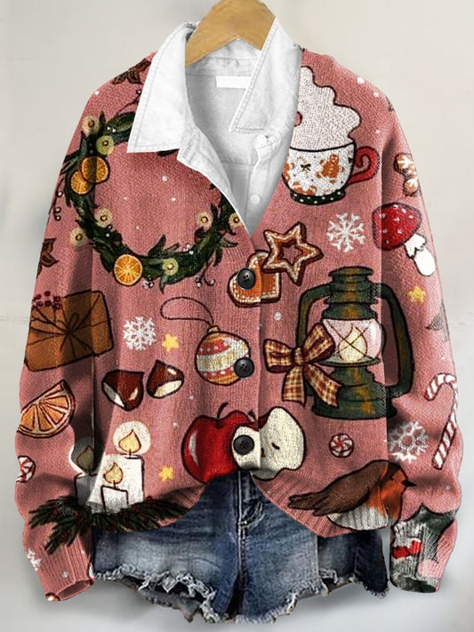 Christmas Pattern Art Print Buttoned V-neck Cardigan Sweater