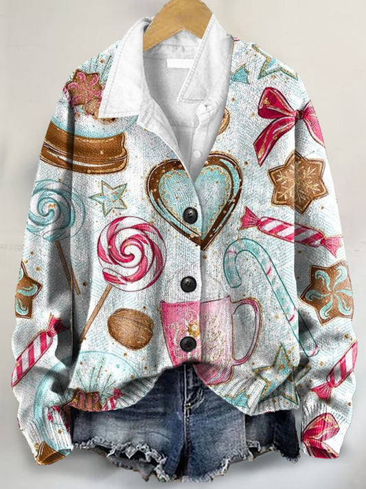 Christmas Pattern Art Print Buttoned V-neck Cardigan Sweater