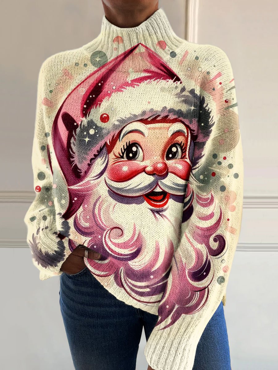 Vintage Christmas Santa Art Print Knit Turtleneck Pullover Sweater