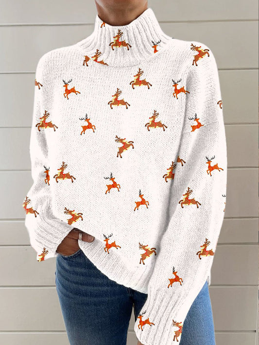 Christmas Elk Print Knit Turtleneck Pullover Sweater