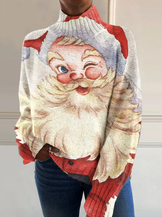 Vintage Christmas Santa Art Print Knit Turtleneck Pullover Sweater