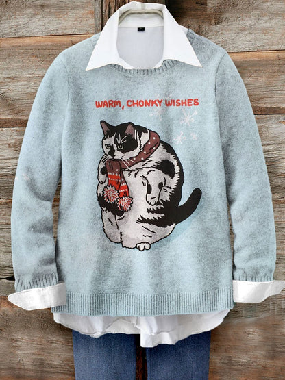 Cute Fat Cat Christmas Art Print Knit Pullover Sweater