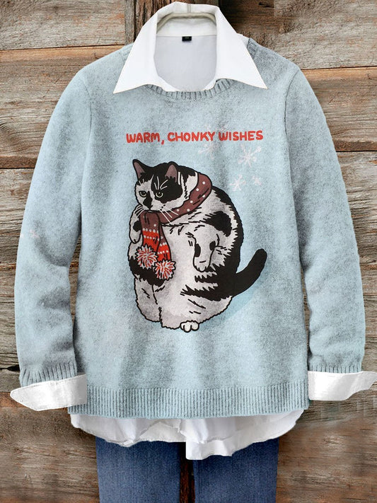 Cute Fat Cat Christmas Art Print Knit Pullover Sweater