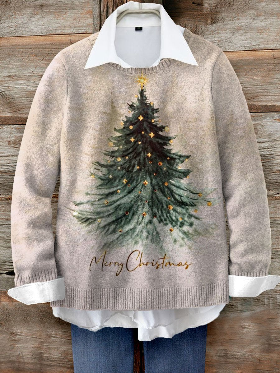 Vintage Christmas Tree Print Knit Pullover Sweater